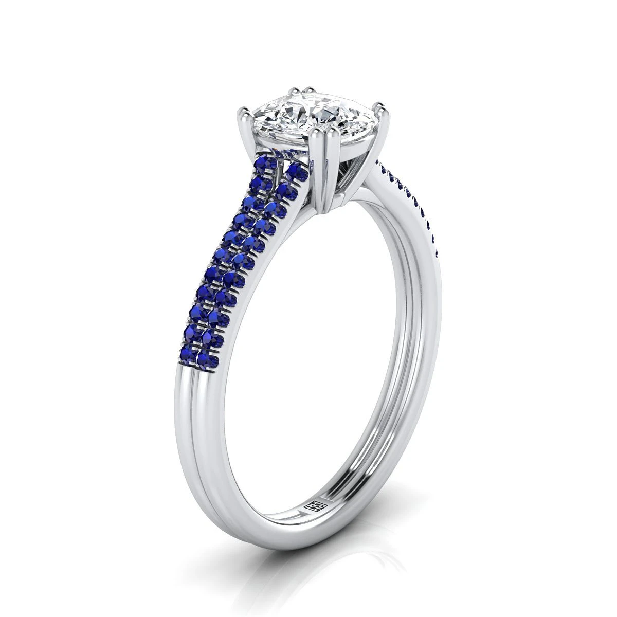 Platinum CushionDouble Row Double Prong French Pave Diamond Engagement Ring - Image 2