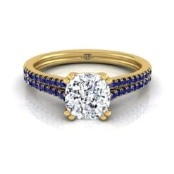14K Yellow Gold CushionDouble Row Double Prong French Pave Diamond Engagement Ring