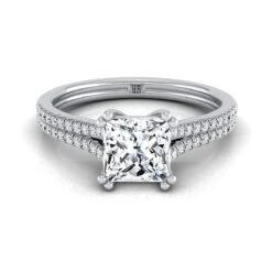 Platinum Princess Cut Diamond Double Row Double Prong French Pave Engagement Ring -1/6ctw