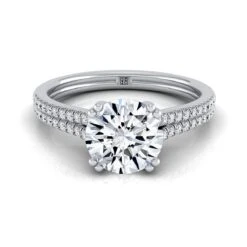 Platinum Round Brilliant Diamond Double Row Double Prong French Pave Engagement Ring -1/6ctw