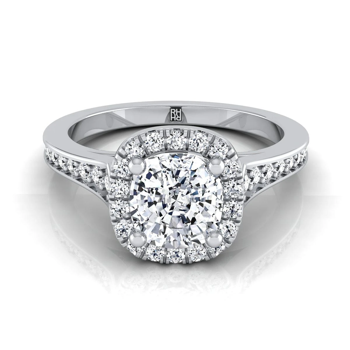 Platinum Cushion Diamond Classic Halo With Channel French Pave Engagement RIng-1/3ctw