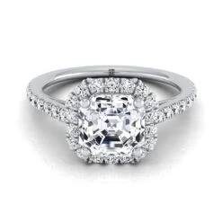 Platinum Asscher Cut Diamond Petite Halo French Pave Engagement Ring -3/8ctw