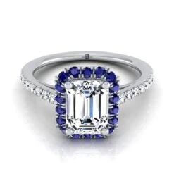 Platinum Emerald CutPetite Halo French Diamond Pave Engagement Ring -1/5ctw