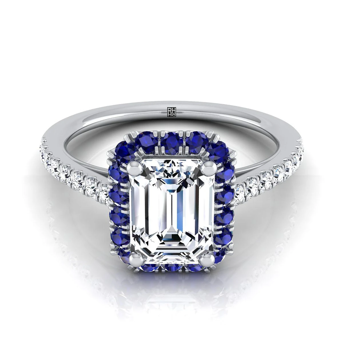 Platinum Emerald CutPetite Halo French Diamond Pave Engagement Ring -1/5ctw