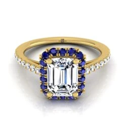 18K Yellow Gold Emerald CutPetite Halo French Diamond Pave Engagement Ring -1/5ctw