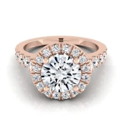 14K Rose Gold Round Brilliant Diamond Shared Prong Halo And Linear Side Set Diamond Engagement Ring -5/8ctw