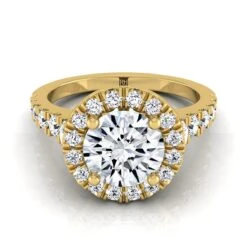 14K Yellow Gold Round Brilliant Diamond Shared Prong Halo And Linear Side Set Diamond Engagement Ring -5/8ctw