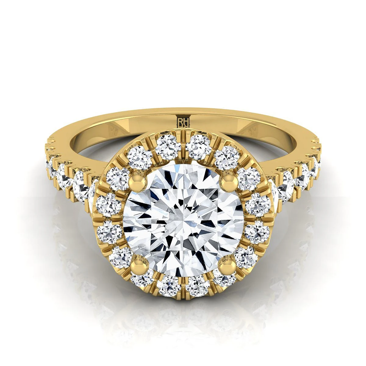 14K Yellow Gold Round Brilliant Diamond Shared Prong Halo And Linear Side Set Diamond Engagement Ring -5/8ctw