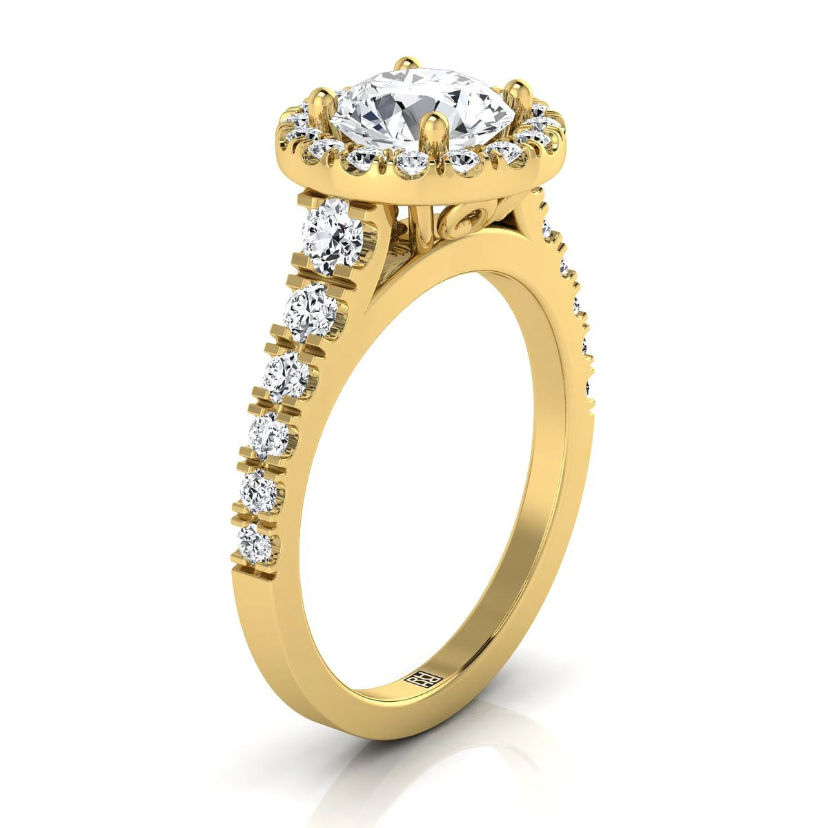 14K Yellow Gold Round Brilliant Diamond Shared Prong Halo And Linear Side Set Diamond Engagement Ring -5/8ctw - Image 2