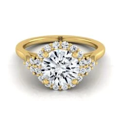 18K Yellow Gold Round Brilliant Diamond Side Trio Scroll Accent Engagement Ring -1/4ctw