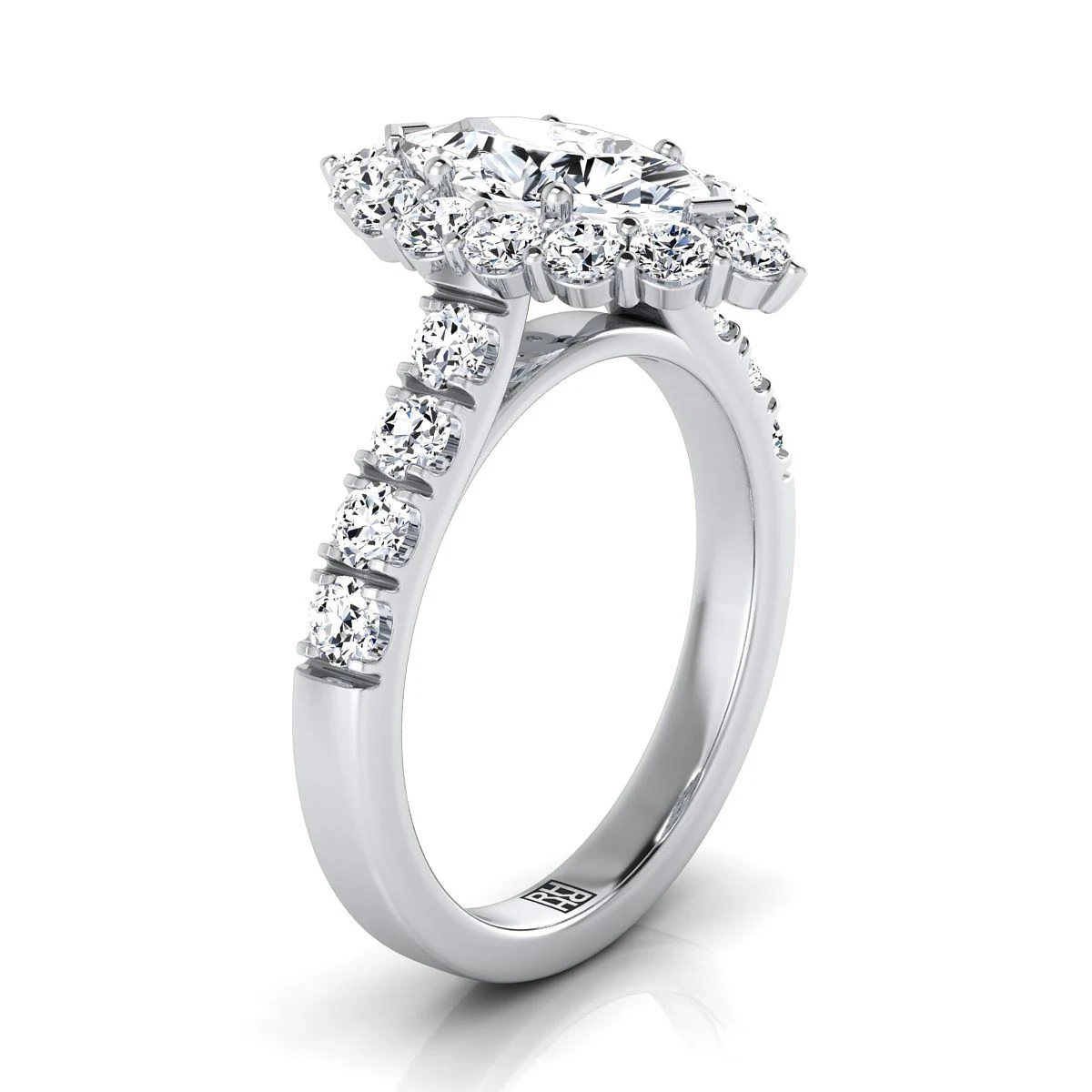 Platinum MarquiseDiamond Luxe Style French Pave Halo Engagement Ring -1-1/10ctw - Image 2