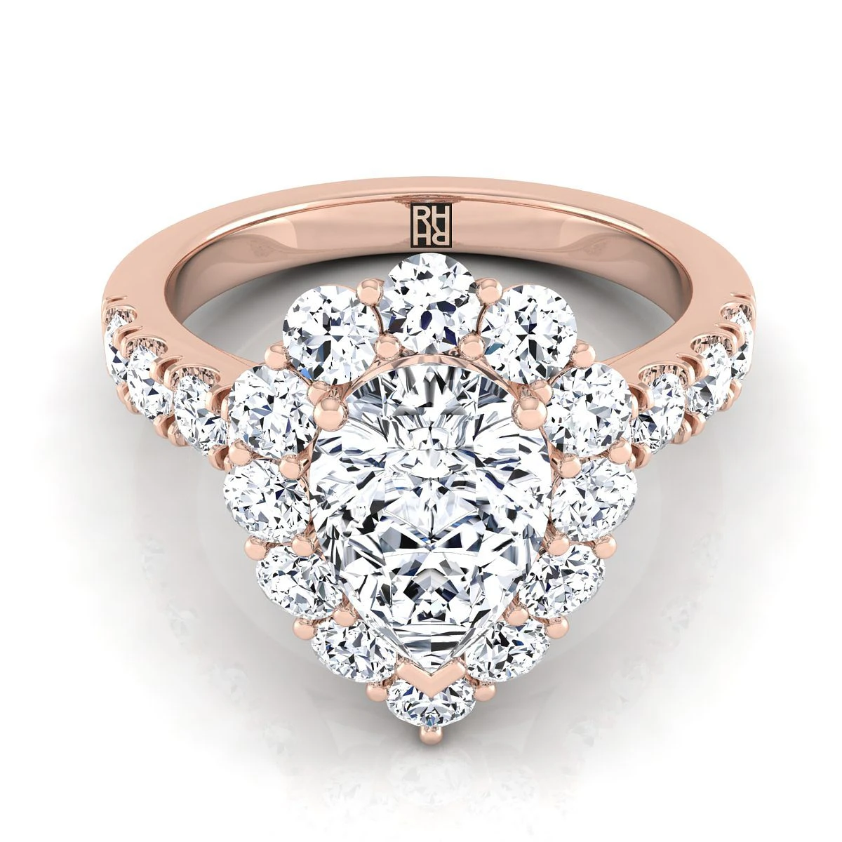 14K Rose Gold Pear Shape Center Diamond Luxe Style French Pave Halo Engagement Ring -1-1/10ctw