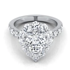 Platinum Pear Shape Center Diamond Luxe Style French Pave Halo Engagement Ring -1-1/10ctw
