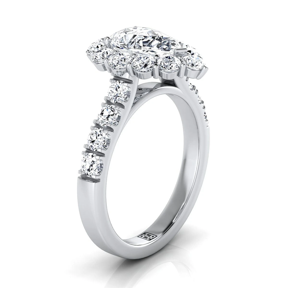 Platinum Pear Shape Center Diamond Luxe Style French Pave Halo Engagement Ring -1-1/10ctw - Image 2
