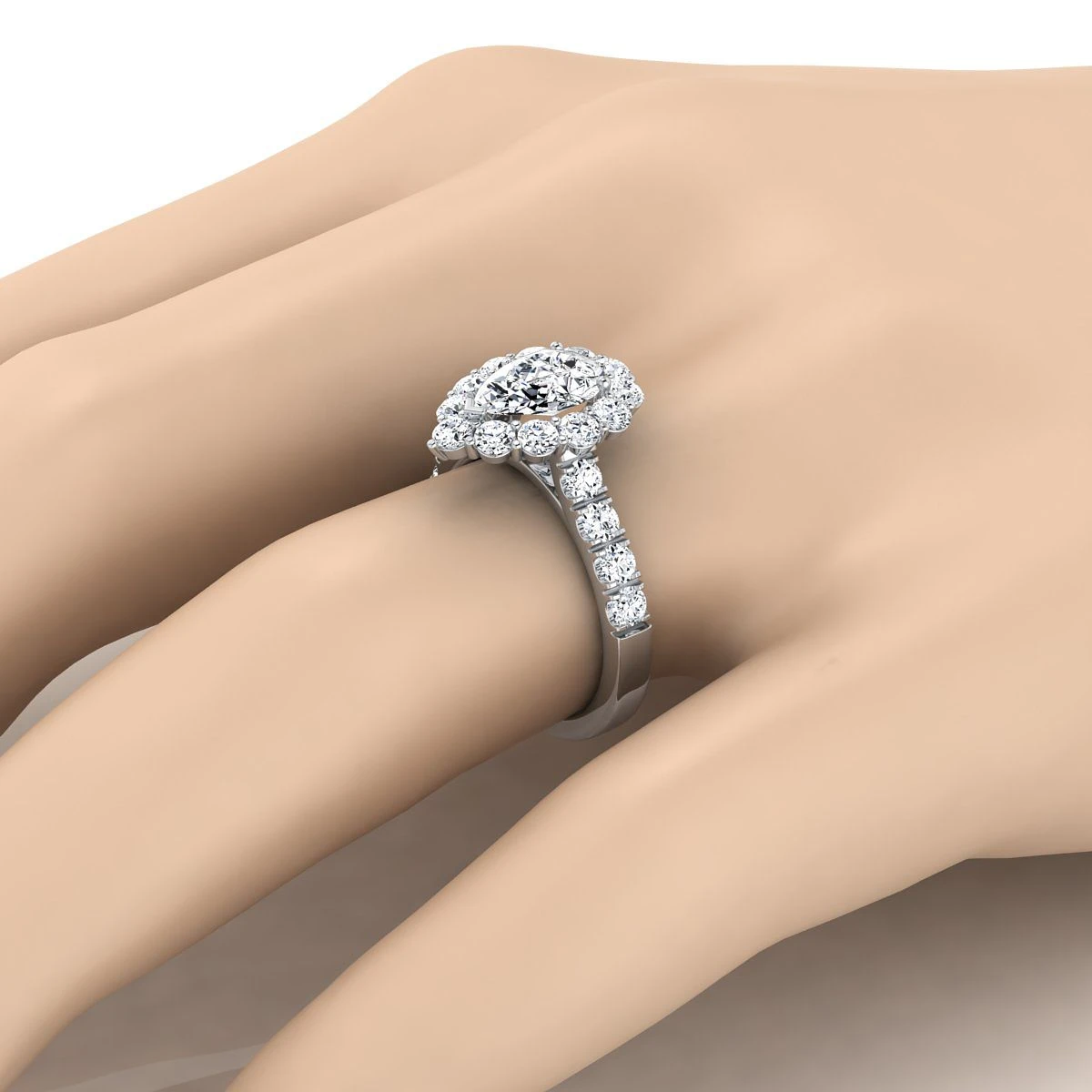 Platinum Pear Shape Center Diamond Luxe Style French Pave Halo Engagement Ring -1-1/10ctw - Image 3