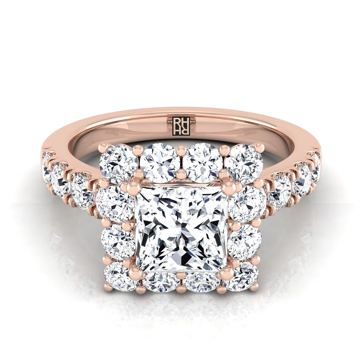 14K Rose Gold Princess Cut Diamond Luxe Style French Pave Halo Engagement Ring -1-1/10ctw