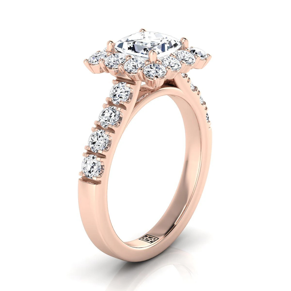 14K Rose Gold Princess Cut Diamond Luxe Style French Pave Halo Engagement Ring -1-1/10ctw - Image 2
