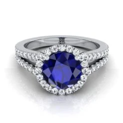 14K White Gold Round Brilliant Sapphire Halo Center With French Pave Split Shank Engagement Ring -3/8ctw