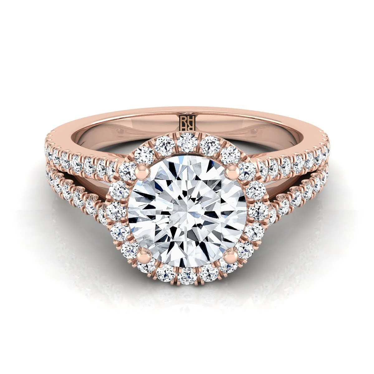 14K Rose Gold Round Brilliant Diamond Halo Center With French Pave Split Shank Engagement Ring -3/8ctw