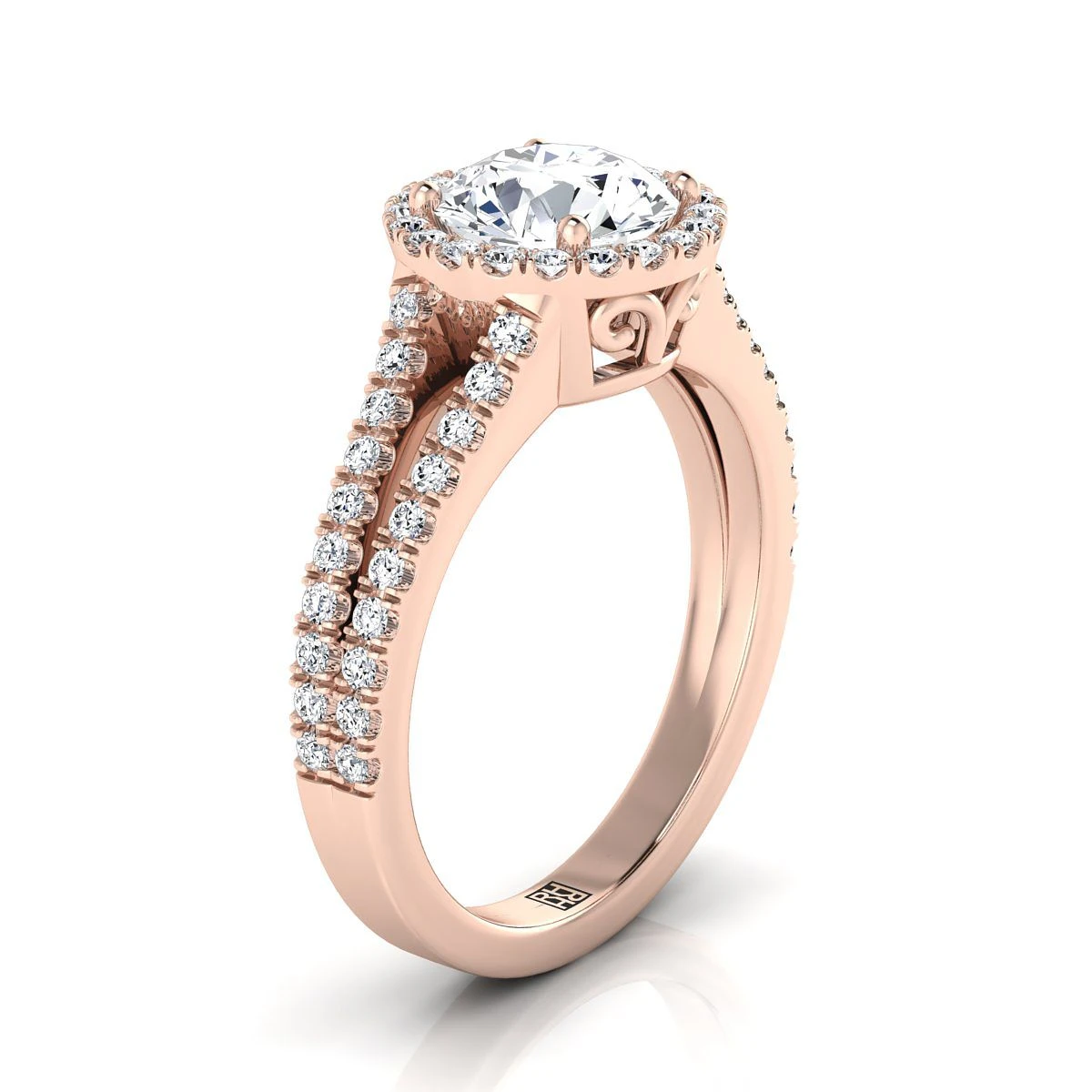 14K Rose Gold Round Brilliant Diamond Halo Center With French Pave Split Shank Engagement Ring -3/8ctw - Image 2