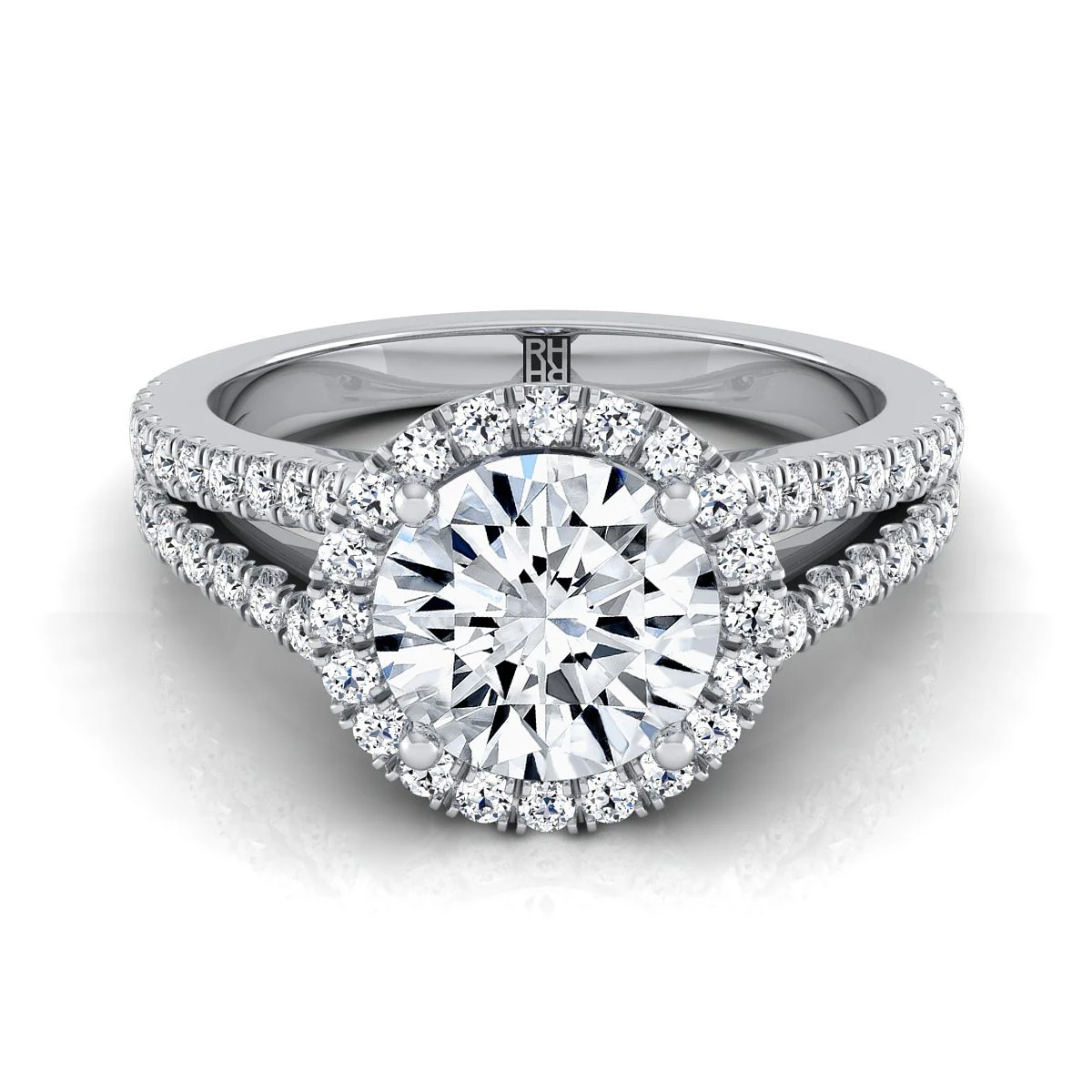 Platinum Round Brilliant Diamond Halo Center With French Pave Split Shank Engagement Ring -3/8ctw