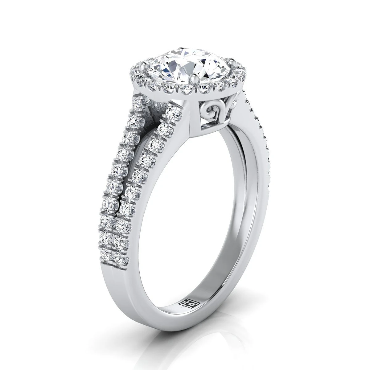 Platinum Round Brilliant Diamond Halo Center With French Pave Split Shank Engagement Ring -3/8ctw - Image 2