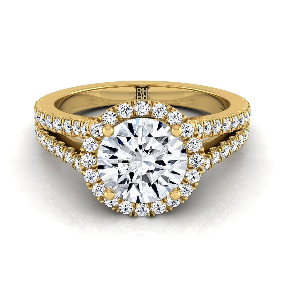 14K Yellow Gold Round Brilliant Diamond Halo Center With French Pave Split Shank Engagement Ring -3/8ctw