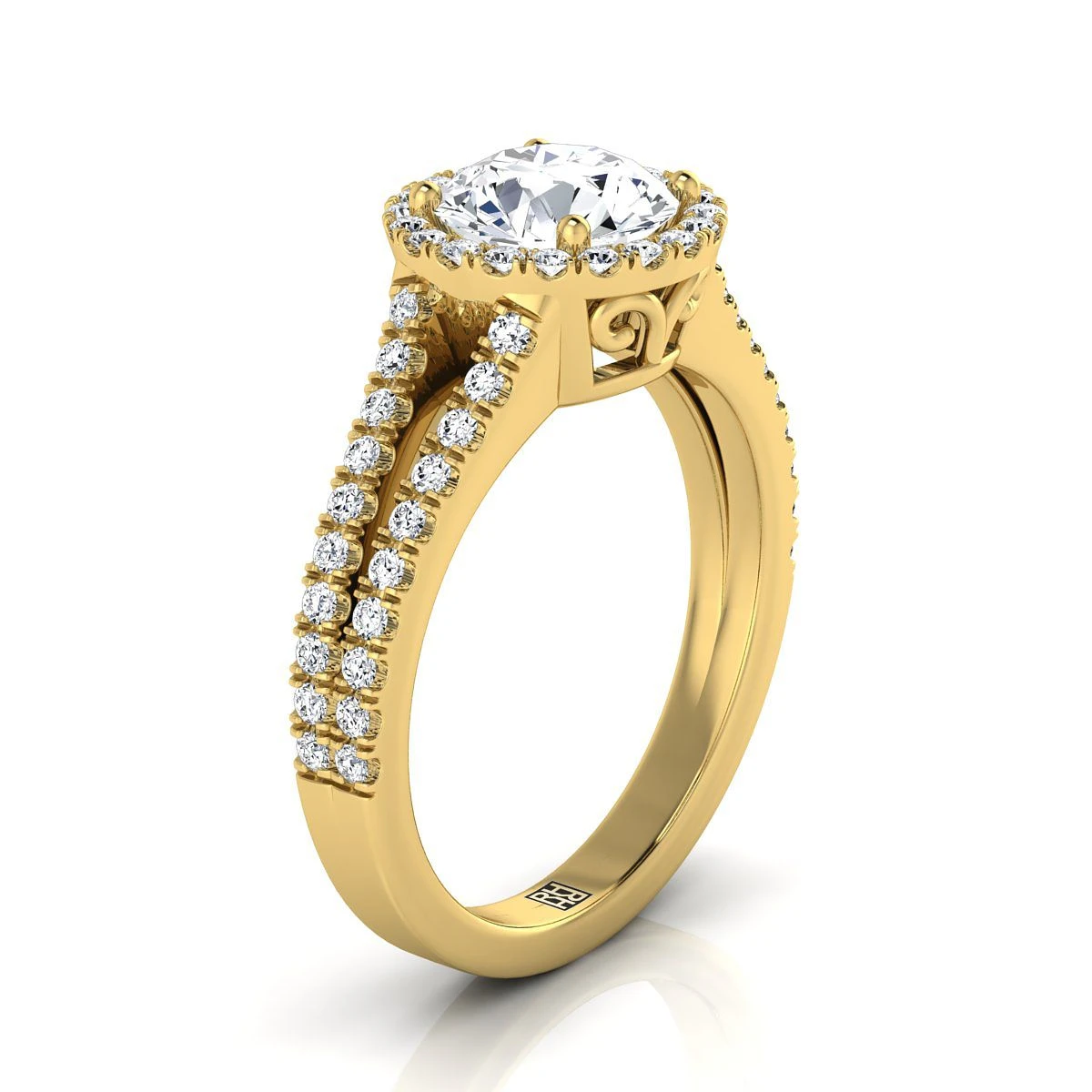 14K Yellow Gold Round Brilliant Diamond Halo Center With French Pave Split Shank Engagement Ring -3/8ctw - Image 2