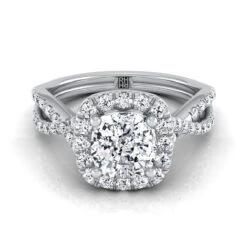 Platinum Cushion Diamond  Twisted Scalloped Pavé Halo Center Engagement Ring -1/2ctw