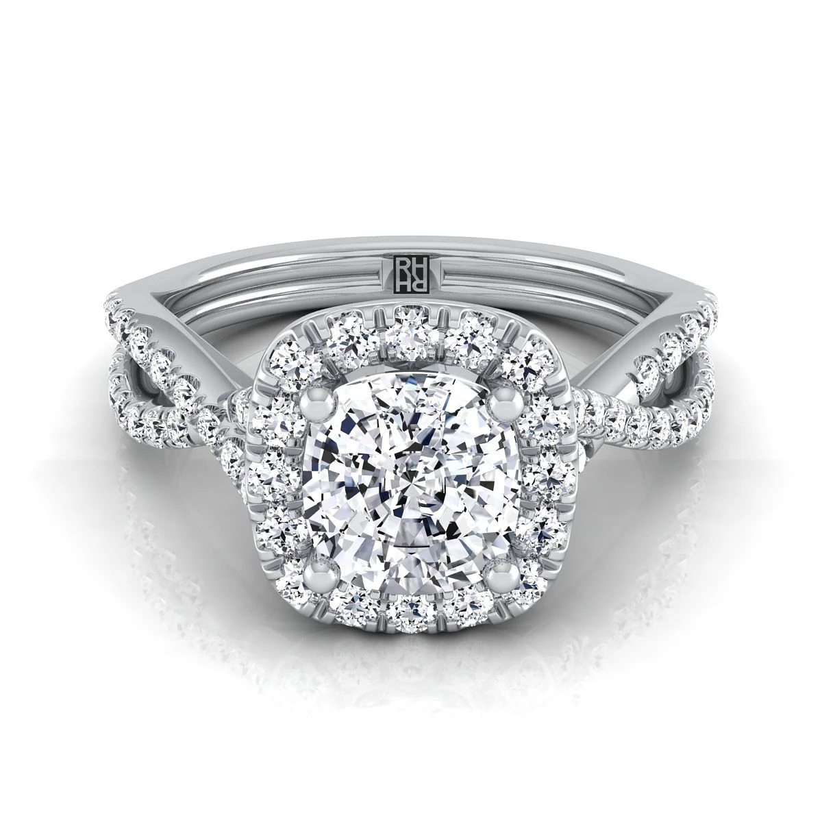 Platinum Cushion Diamond Twisted Scalloped Pavé Halo Center Engagement Ring -1/2ctw