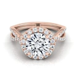 14K Rose Gold Round Brilliant Diamond  Twisted Scalloped Pavé Halo Center Engagement Ring -1/2ctw