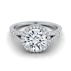 Platinum Round Brilliant French Pave Split Shank Halo Engagement Ring -1/4ctw