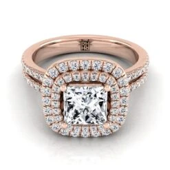 14K Rose Gold Princess Cut Linear Double Row Halo Diamond Engagement Ring -3/8ctw