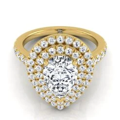 14K Yellow Gold Pear Shape Center Double Pave Halo With Linear Diamond Engagement Ring -7/8ctw