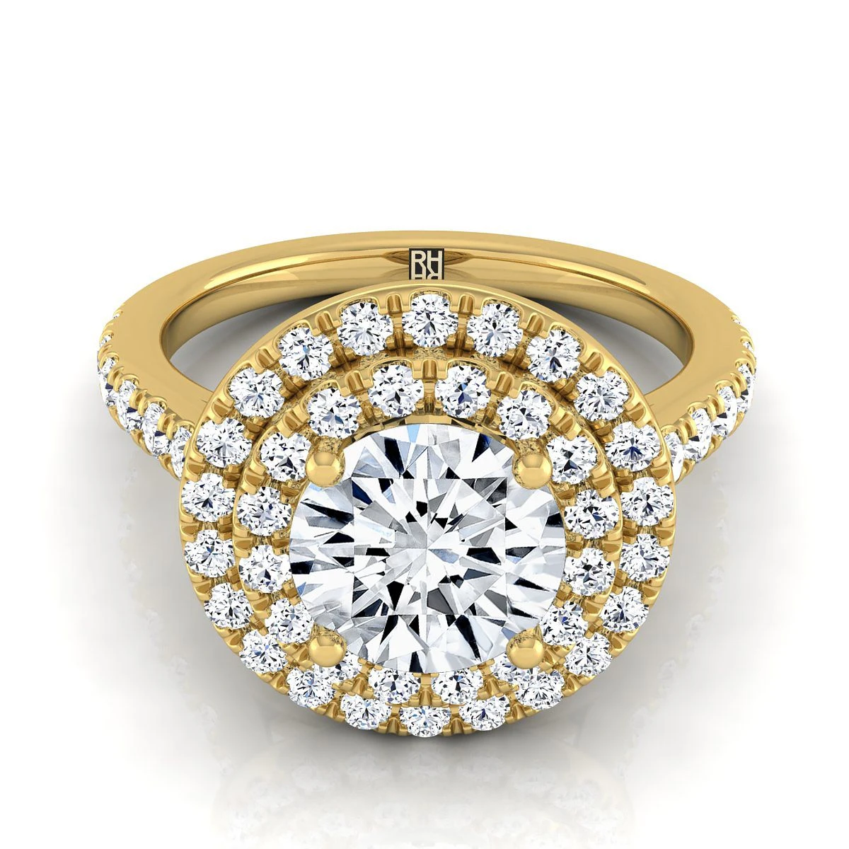 18K Yellow Gold Round Brilliant Double Pave Halo With Linear Diamond Engagement Ring -3/4ctw