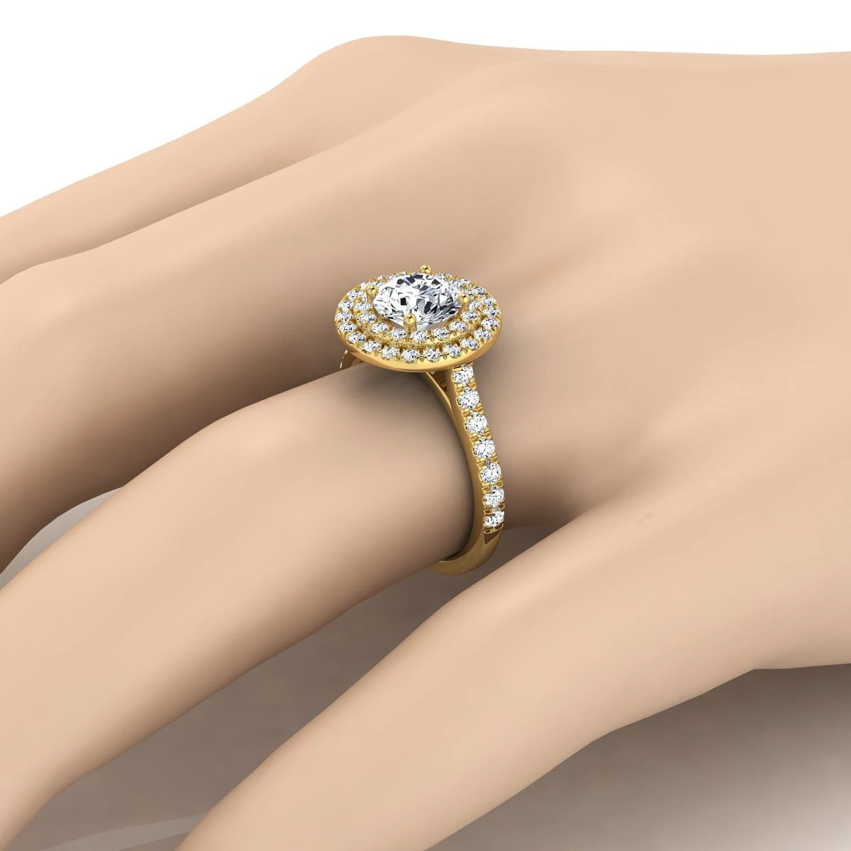 18K Yellow Gold Round Brilliant Double Pave Halo With Linear Diamond Engagement Ring -3/4ctw - Image 3