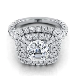 Platinum Asscher Cut Diamond Bold And Fancy Double Halo French Pave Engagement Ring -2ctw
