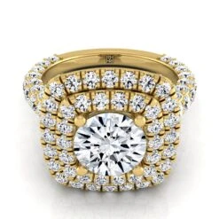18K Yellow Gold Round Brilliant Diamond Bold And Fancy Double Halo French Pave Engagement Ring -2ctw