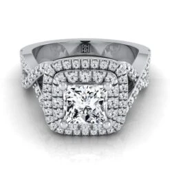 Platinum Princess Cut Diamond Twist French Pave Double Halo Diamond Engagement Ring -1/2ctw