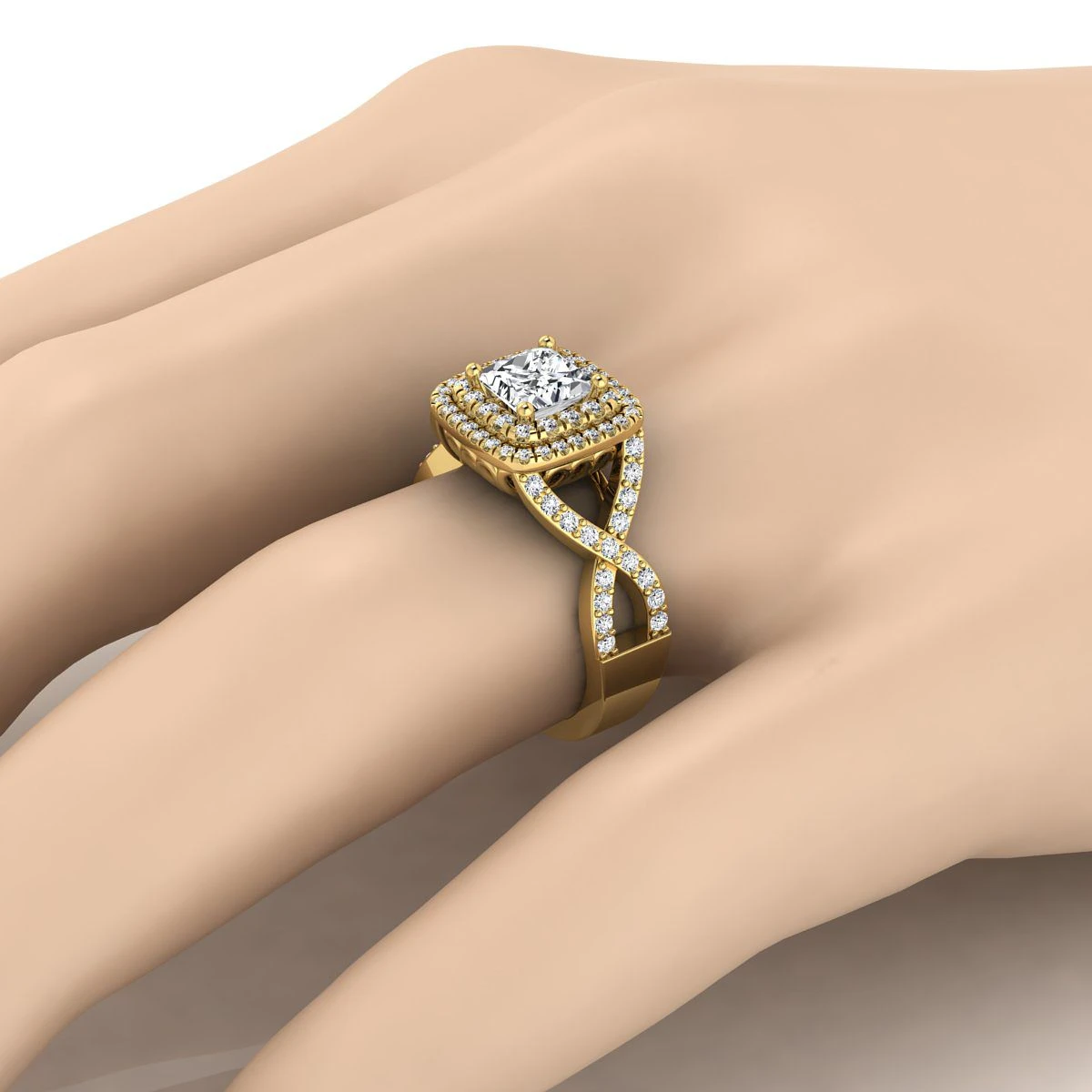 18K Yellow Gold Princess Cut Diamond Twist French Pave Double Halo Diamond Engagement Ring -1/2ctw - Image 3