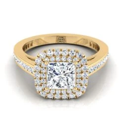 14K Yellow Gold Princess Cut Diamond Double Halo Channel Side Engagement Ring -5/8ctw