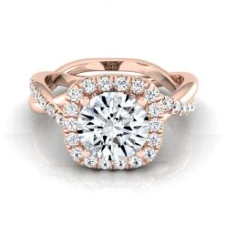 14K Rose Gold Round Brilliant Diamond Twisted Scalloped Pavé Halo Center Engagement Ring -3/8ctw