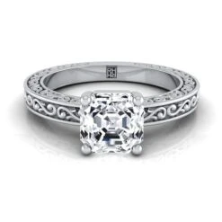 Platinum Asscher Cut Hand Engraved Scroll Vintage Solitaire Engagement Ring