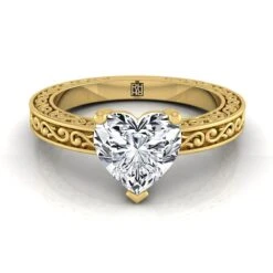18K Yellow Gold Heart Shape Center Hand Engraved Scroll Vintage Solitaire Engagement Ring