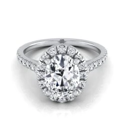Platinum Oval Classic French Pave Halo And Linear Engagement Ring -3/8ctw