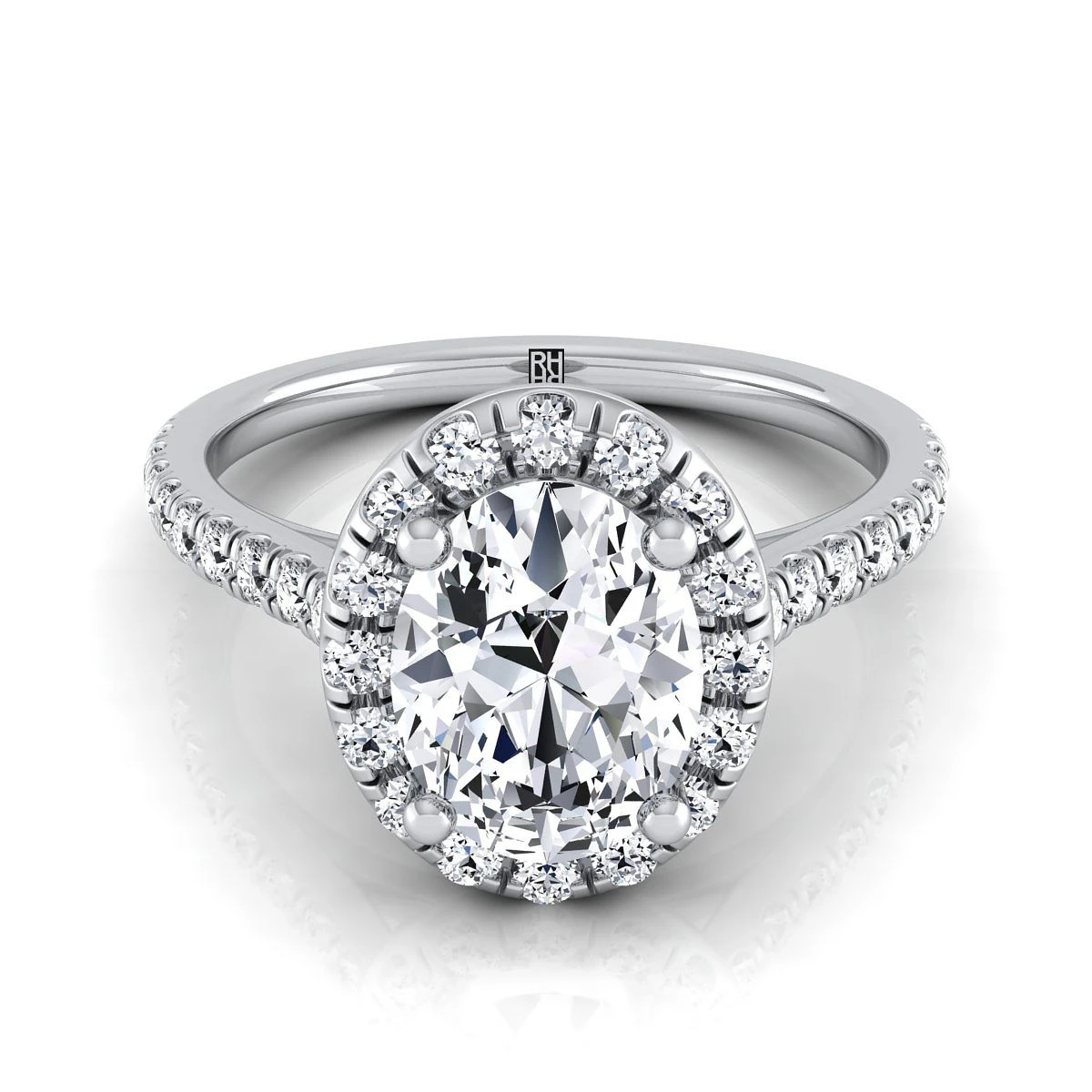 Platinum Oval Classic French Pave Halo And Linear Engagement Ring -3/8ctw