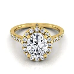 14K Yellow Gold Oval Classic French Pave Halo And Linear Engagement Ring -3/8ctw