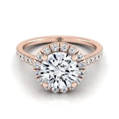 14K Rose Gold Round Brilliant Classic French Pave Halo And Linear Engagement Ring -3/8ctw