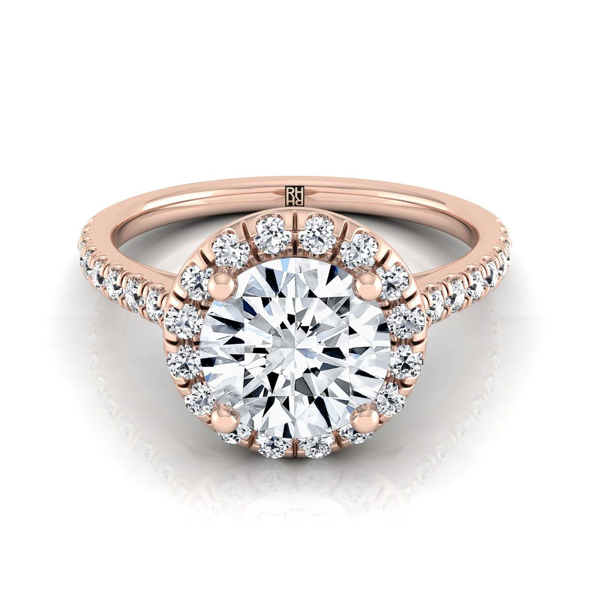 14K Rose Gold Round Brilliant Classic French Pave Halo And Linear Engagement Ring -3/8ctw