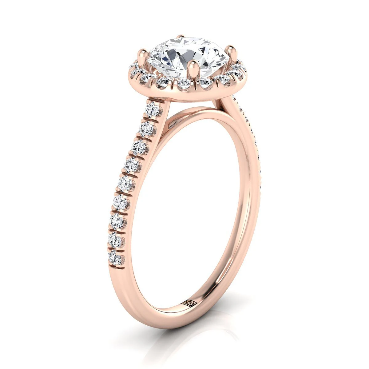 14K Rose Gold Round Brilliant Classic French Pave Halo And Linear Engagement Ring -3/8ctw - Image 2